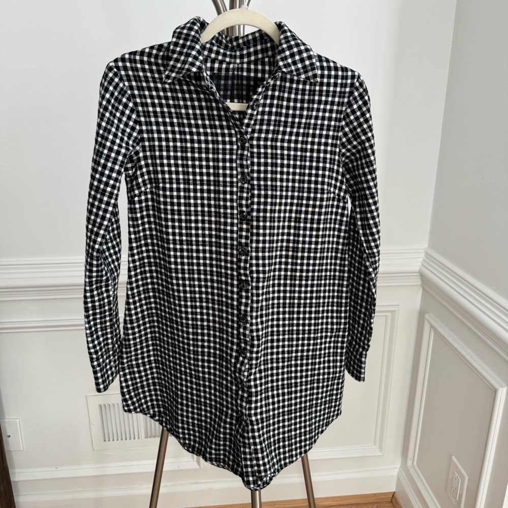 Reformation Black and White Checkered Tunic Button-Up Shirt XS